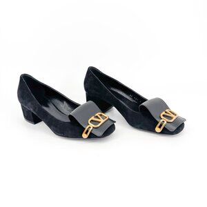 Valentino VLogo Black Suede Leather Block Heel Pumps Shoes Size 38.5 US 8.5